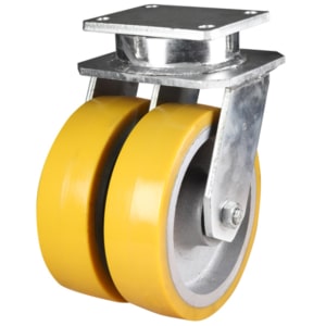 Yellow Polyurethane on Cast Iron Core Twin Wheeled Swivel Castor