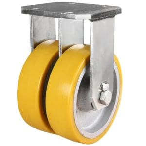 Yellow Polyurethane on Cast Iron Core Twin Wheeled Fixed Castor