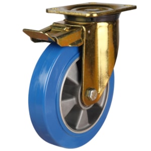 Blue Elastic Polyurethane On Aluminium Heavy Duty Gold Swivel Braked Castor