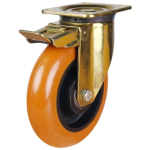 Orange Rounded Profile Polyurethane On Cast Iron Gold Swivel Braked Castor